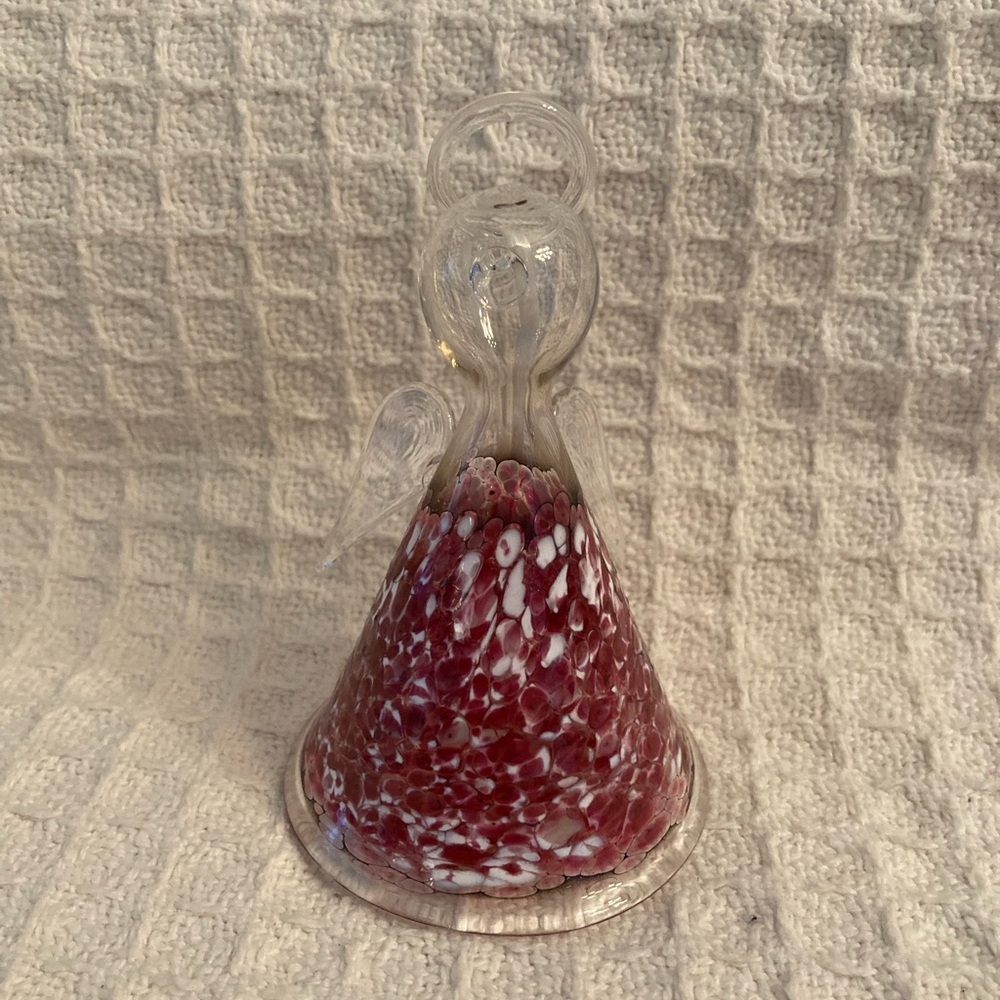 Hand Blown Glass Angel Ornament With Burgundy & White Accents On A White Cord